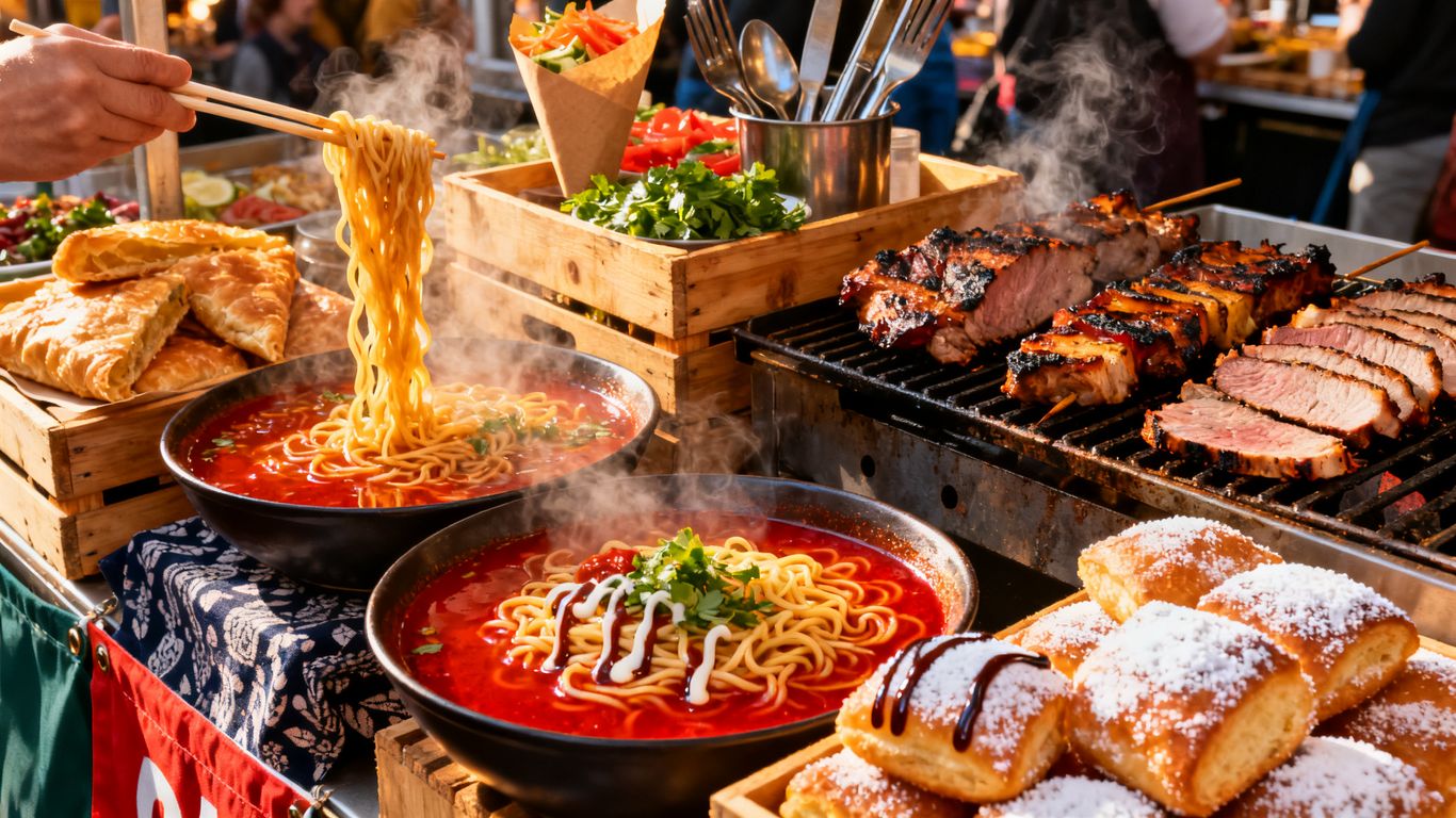 Diverse street food stalls at Camden Market, London.