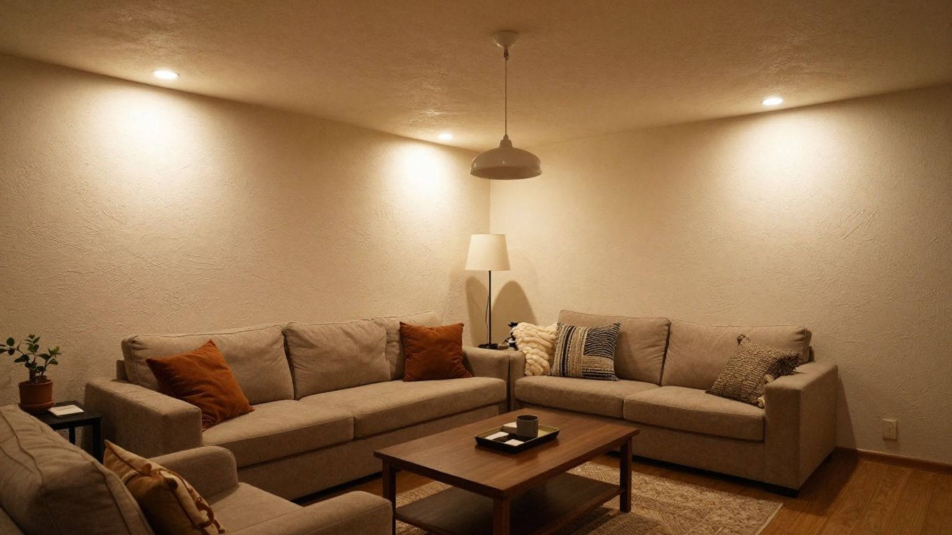 Slanted ceiling lighting in a cozy, well-lit room.