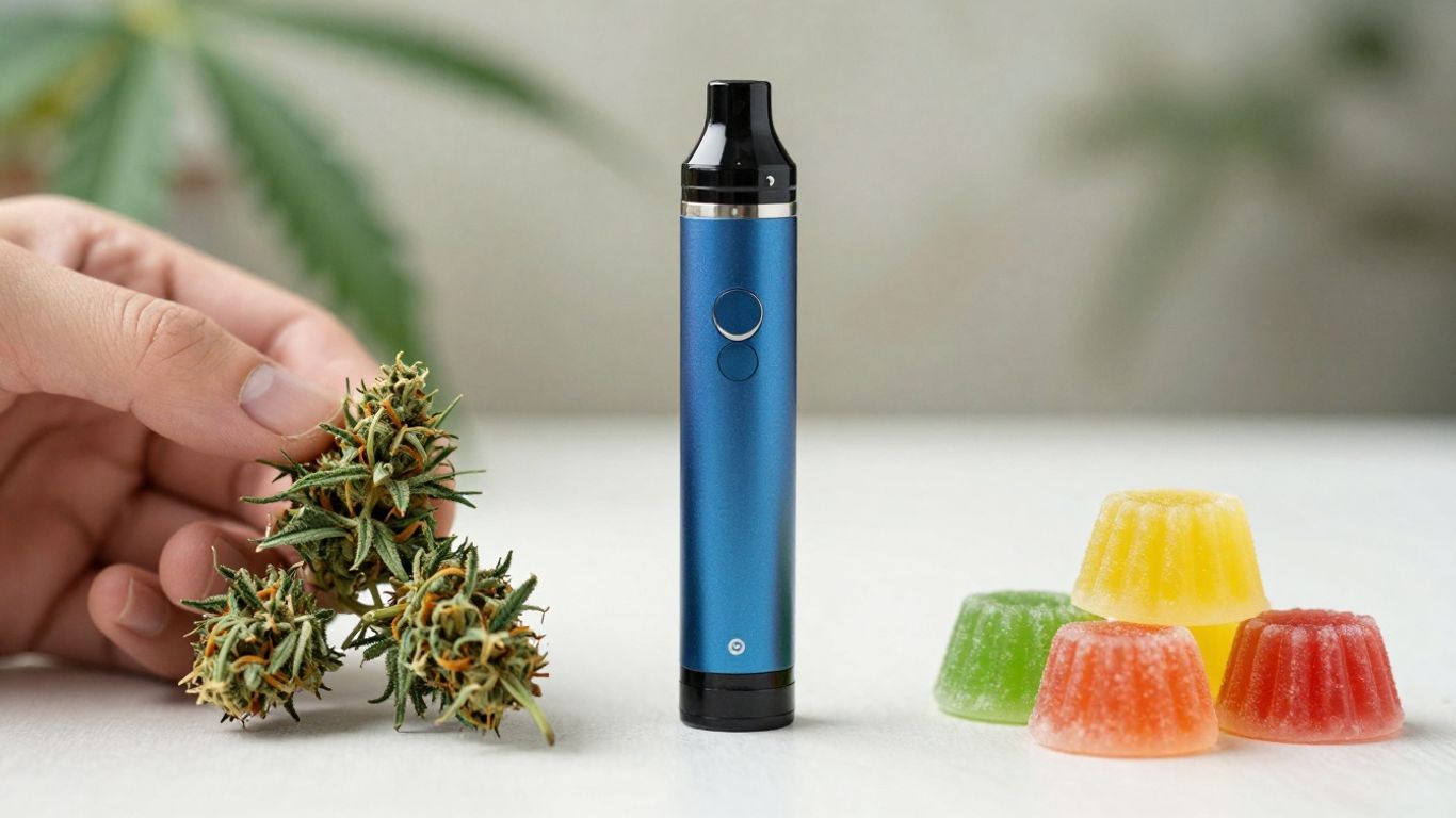 Flower, vape, and edible cannabis products side-by-side.