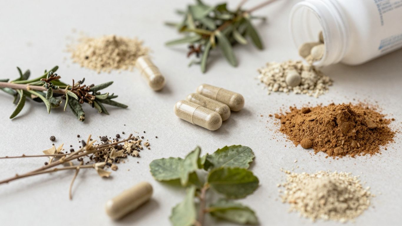Herbal supplements in capsules and powders.