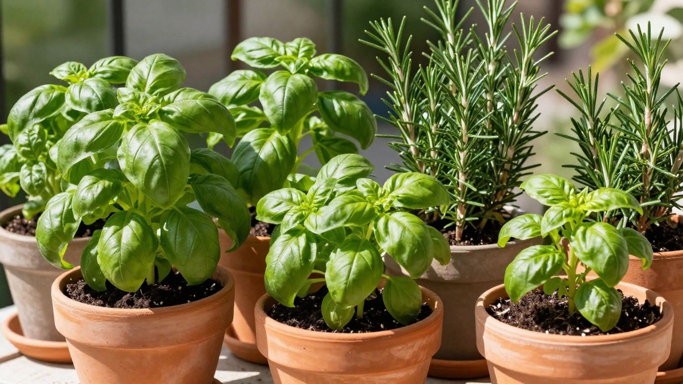 Kräuterbeet im Topf auf einem sonnigen Balkon
