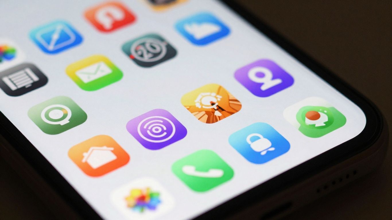 Tela de celular com ícones de aplicativos coloridos e diversos.