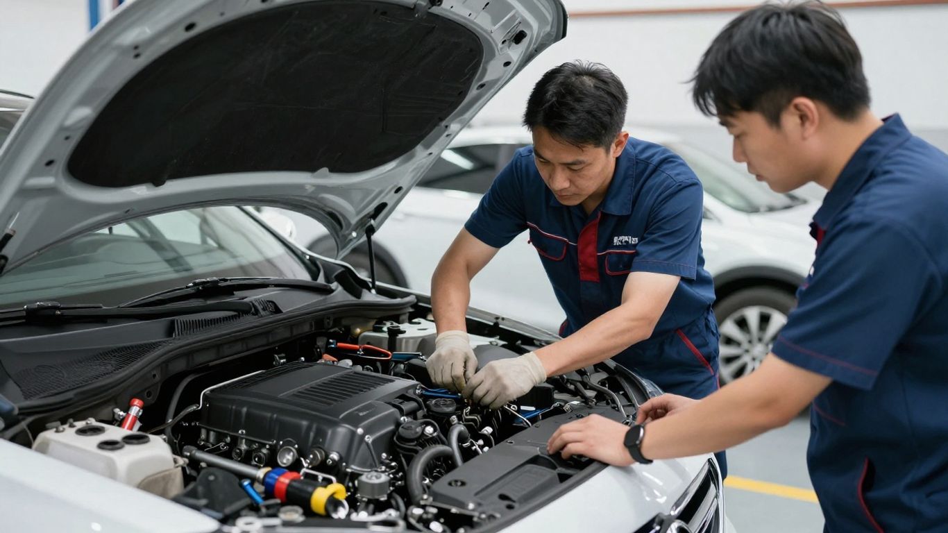 Mechanics replacing car engine in professional workshop