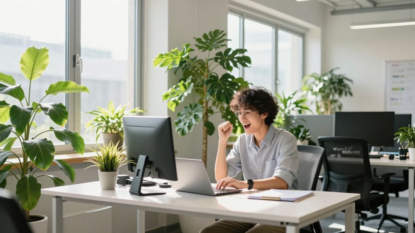 Büro mit viel Tageslicht und einer arbeitenden Person.