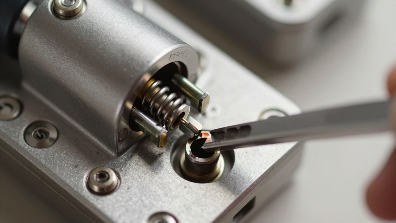 Kwikset lock cylinder disassembly with pins and tools.