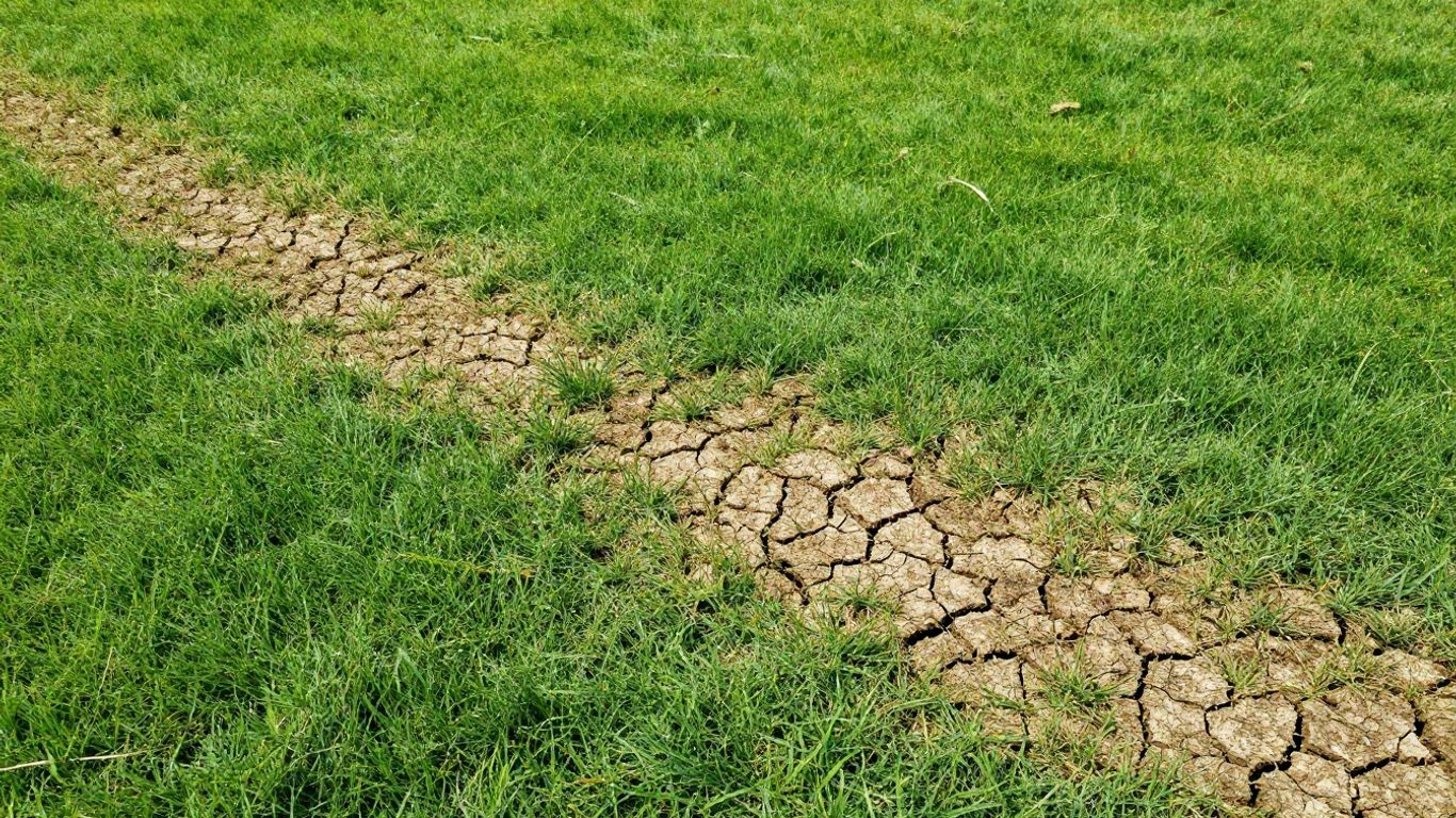 Braune Flecken auf einem grünen Rasen im Sommer.