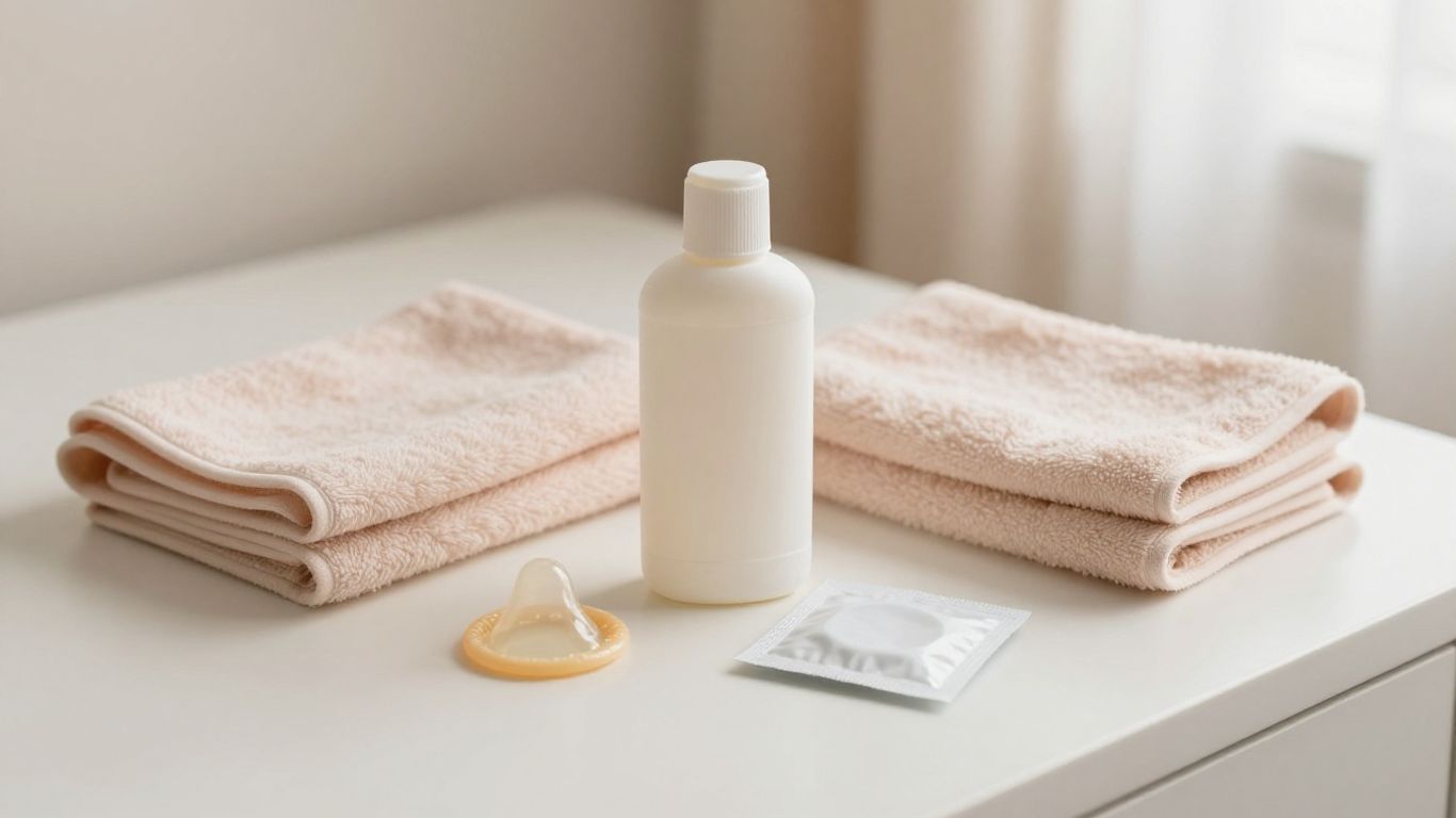 Lubricant bottle beside an unopened condom and soft towel