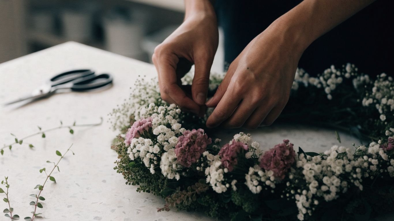 Florist preparing a wreath for a funeral service