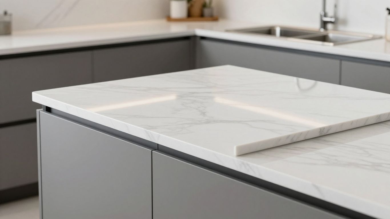 Modern kitchen with sleek laminate countertops and marble pattern.