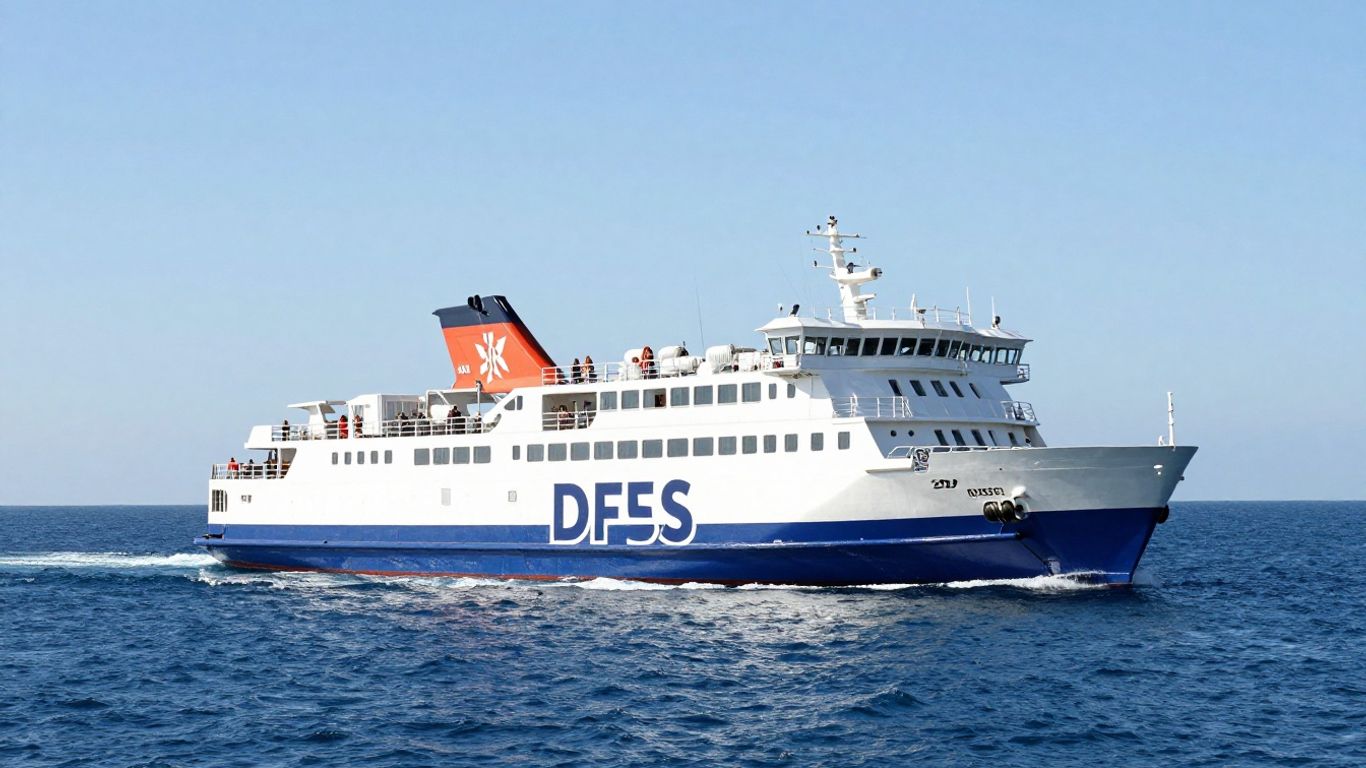 DFDS ferry sailing on a sunny blue sea.