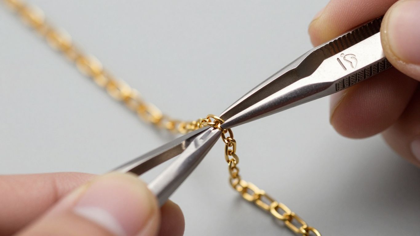 Réparation d'une fine chaîne en or avec des outils précis.