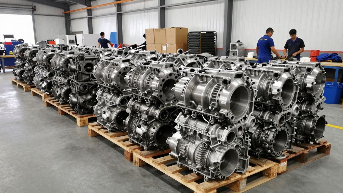 Stacked engine parts in a commercial salvage yard