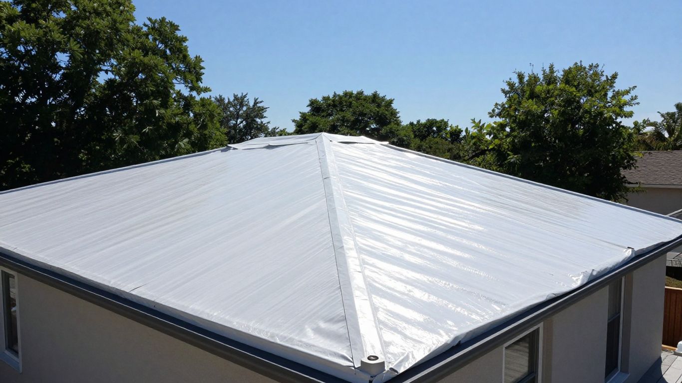 White roof coating reflecting summer sun.