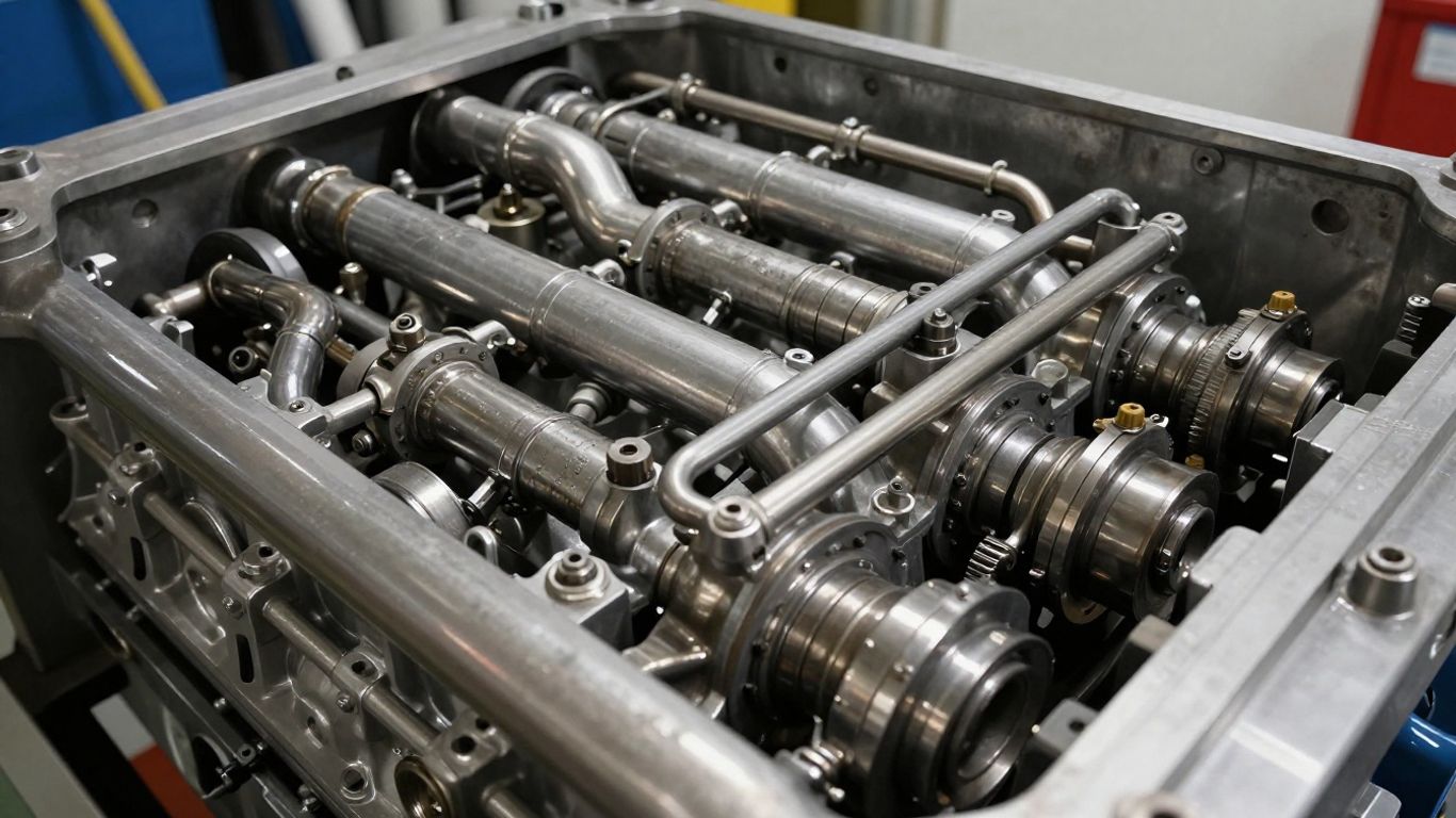 Close-up of a clean, powerful diesel engine's inner workings.