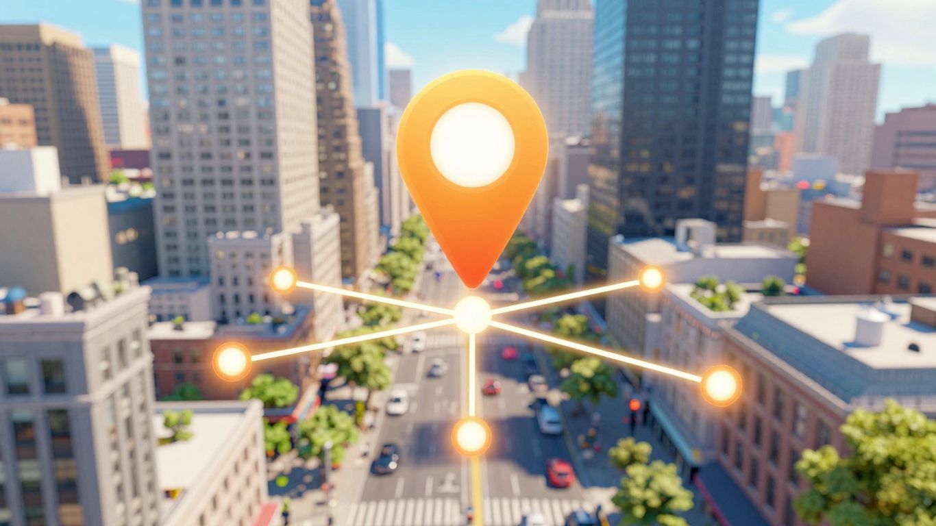 Map pin icon above city buildings, indicating local SEO.