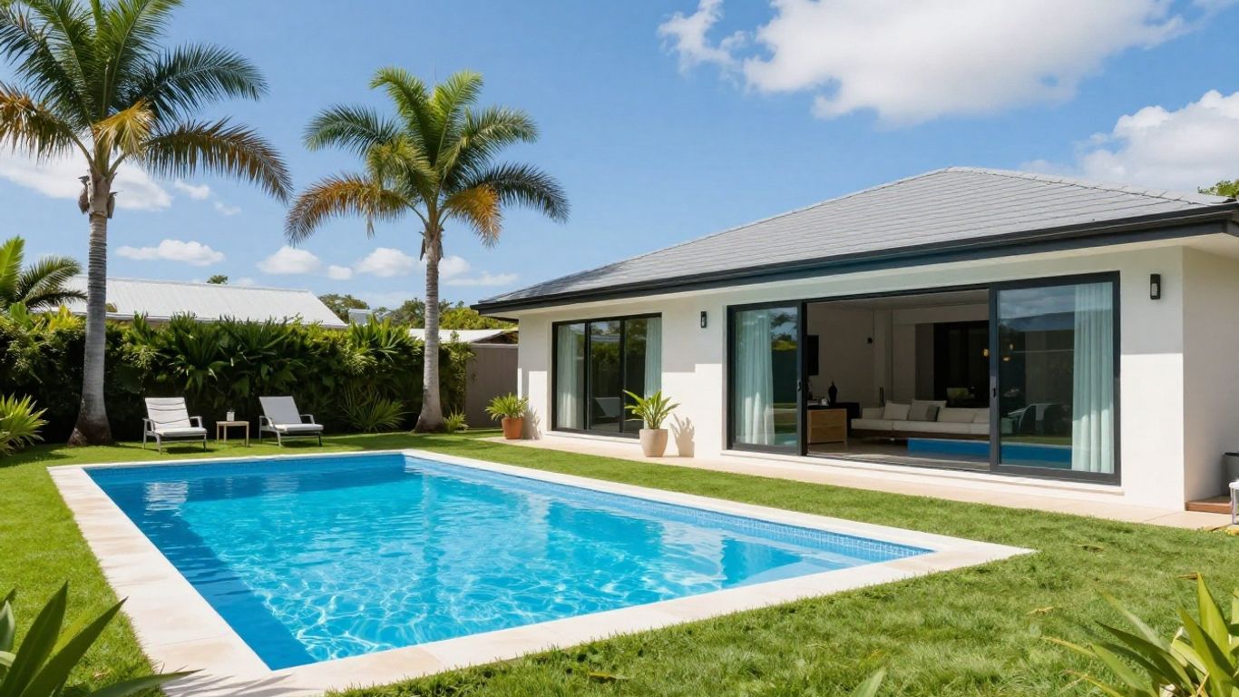 Gold Coast holiday house with pool and palm trees.