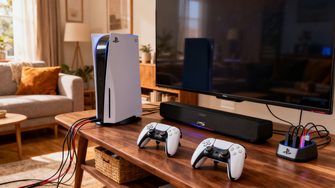 Installazione di gioco con PS5, televisore e accessori