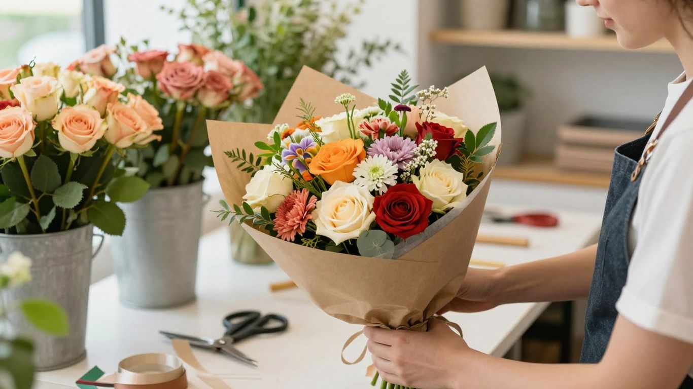Florist preparing a wrapped bouquet for local delivery