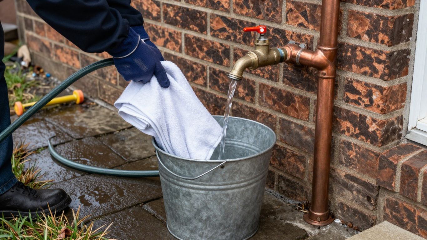 Hand draining an outdoor faucet before winter