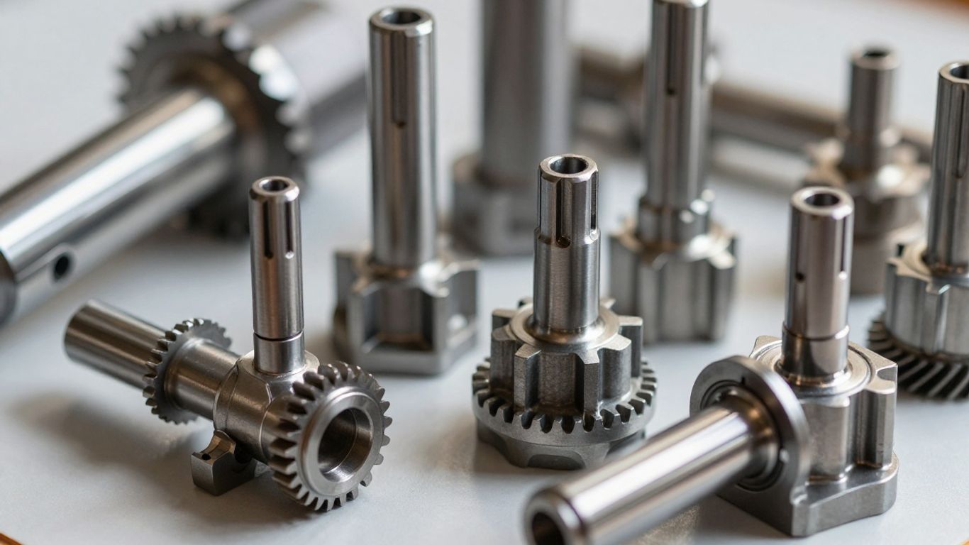 Automotive gearbox parts, gears, and shafts.
