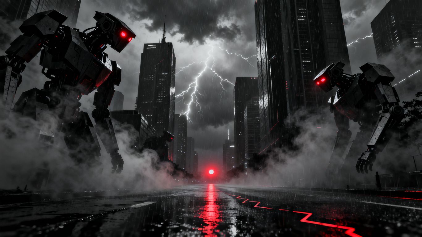 AI robots in a stormy cityscape, red alert light pulsing.