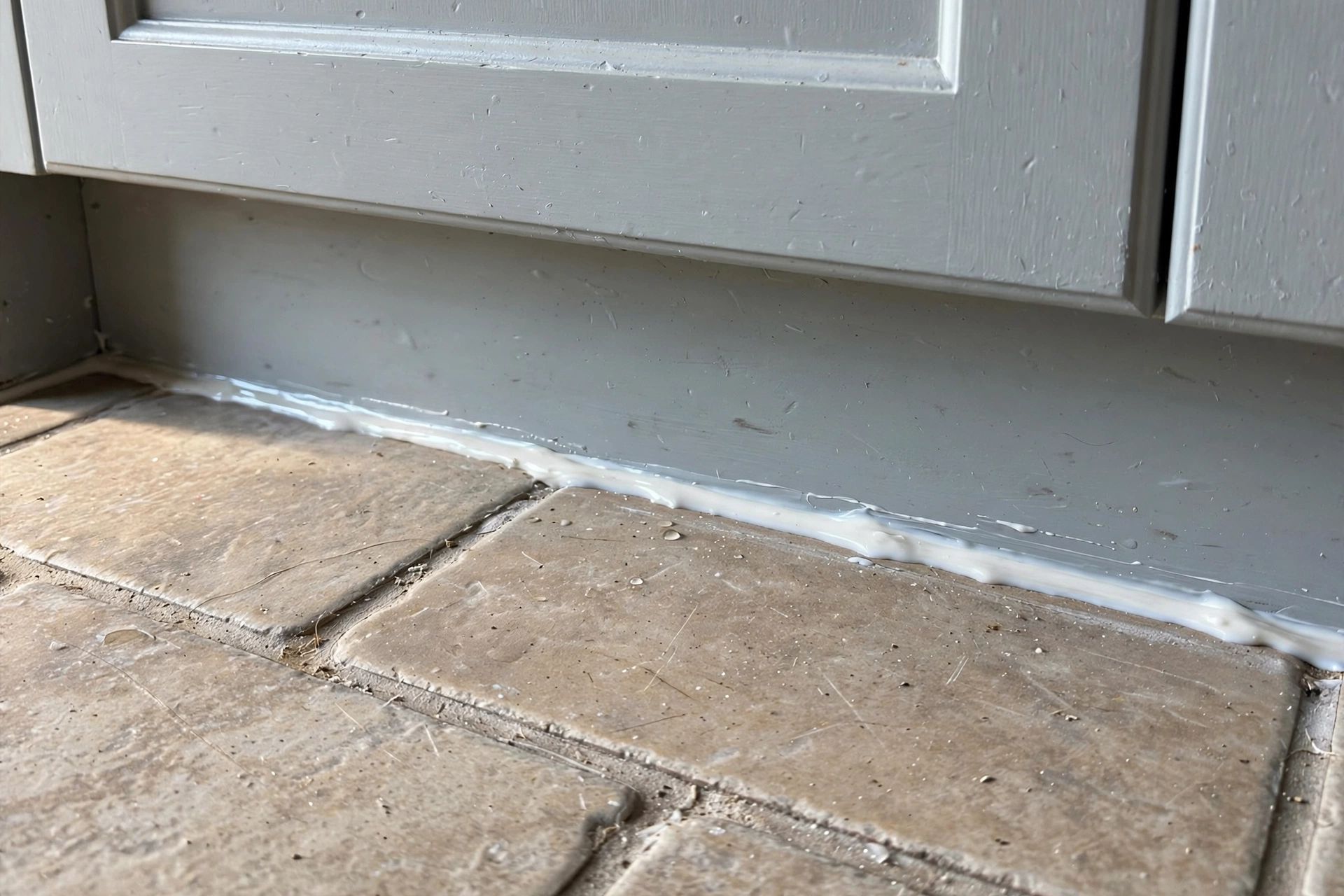 Close-up detail of a kitchen floor meeting a sink cabinet and sealed edge