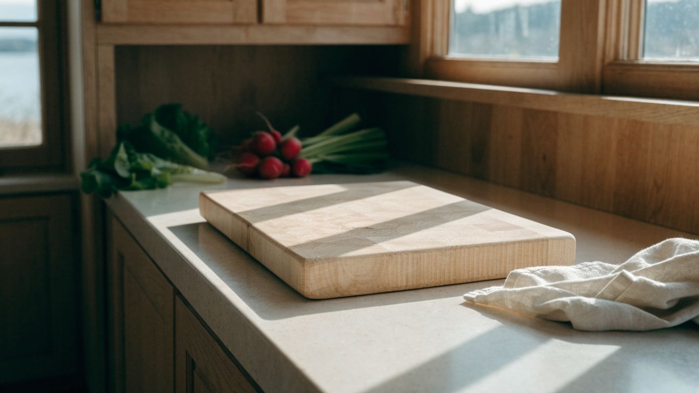 Pale maple cutting board on a cabin kitchen counter