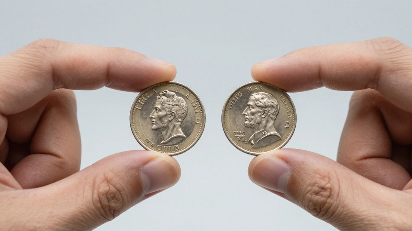 A close-up photographic view showing two silver coins held between fingers