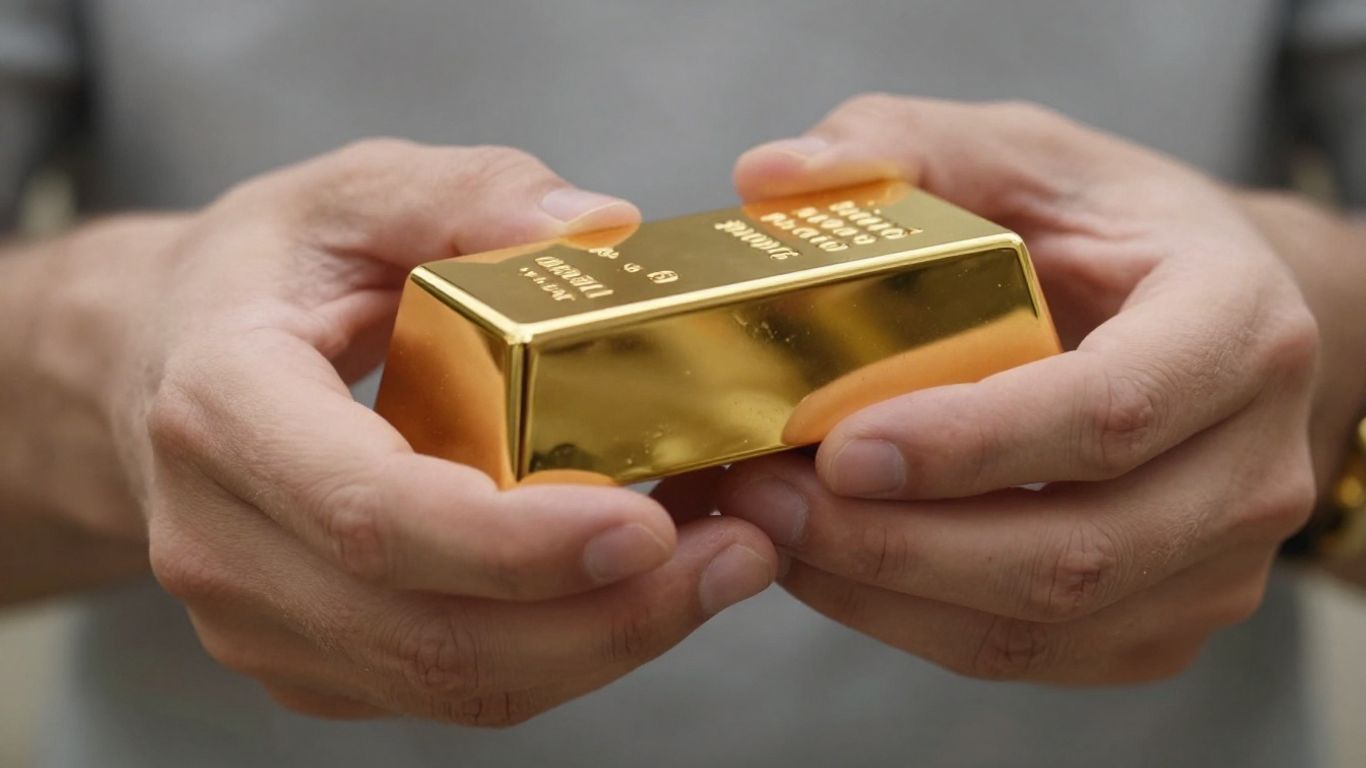 手上拿着一根闪闪发光的金条。