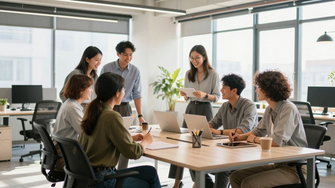 Team collaborating successfully in a bright, modern office.