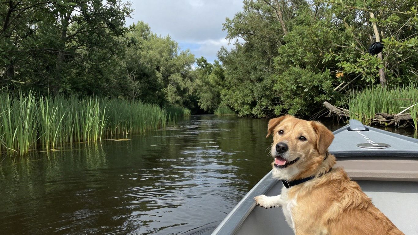 Hond op boot in Biesbosch