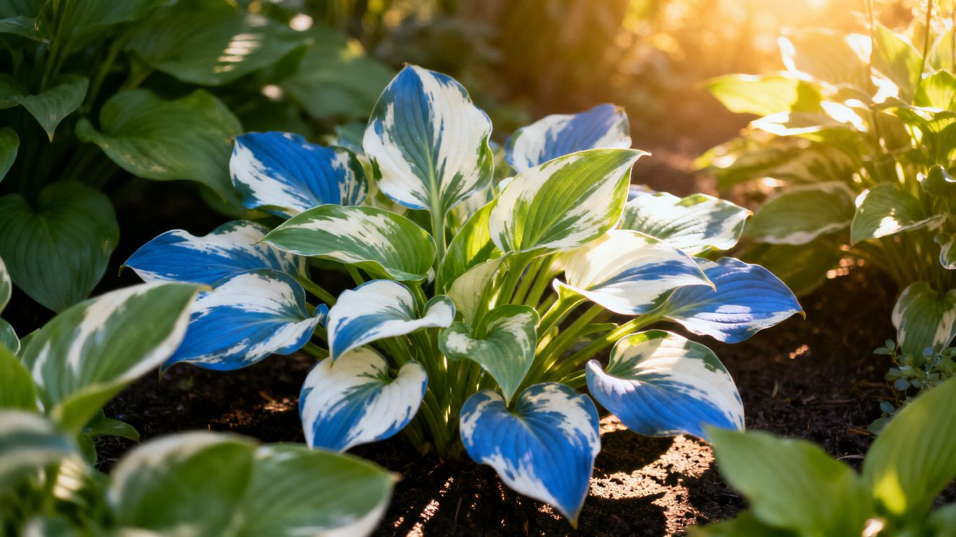 Colorful hosta leaves in a shady garden.