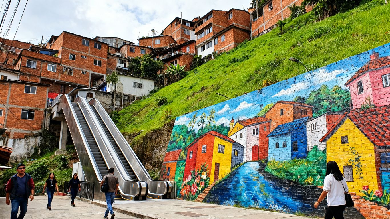 Comuna 13 murals above the hillside escalators