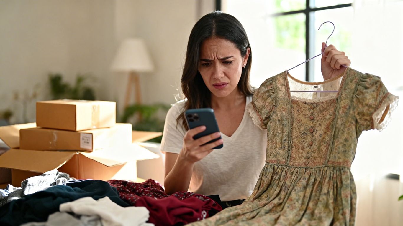 Woman checking phone while holding secondhand clothing, worried about a Vinted scam