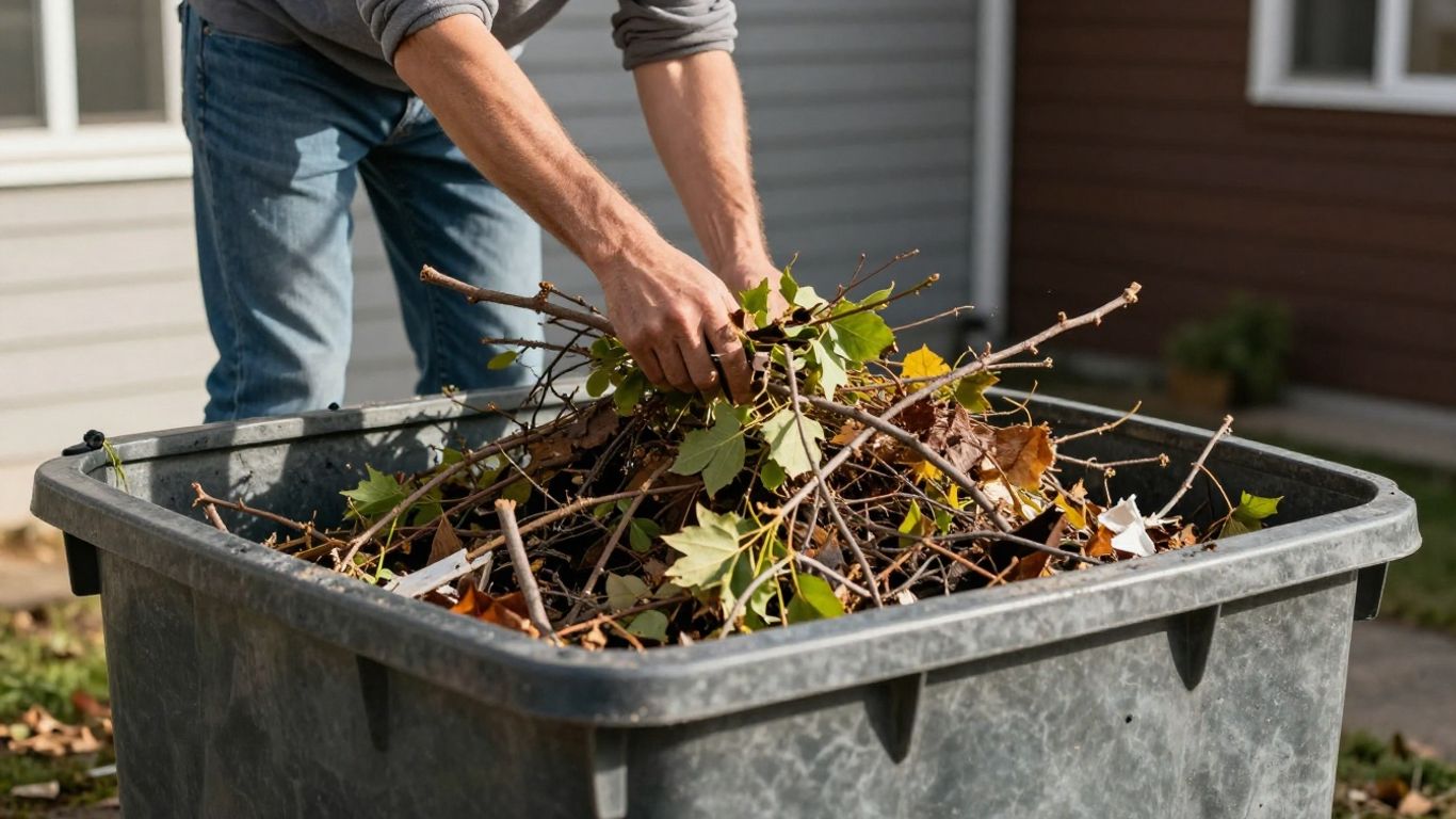 Homeowner loading debris into a large bin.