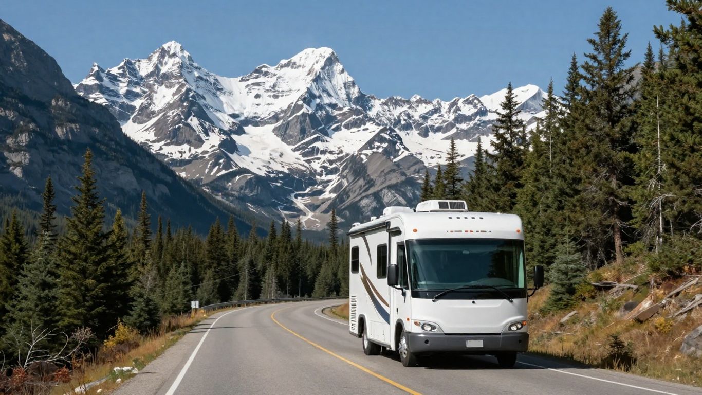 RV driving on a scenic Canadian highway.