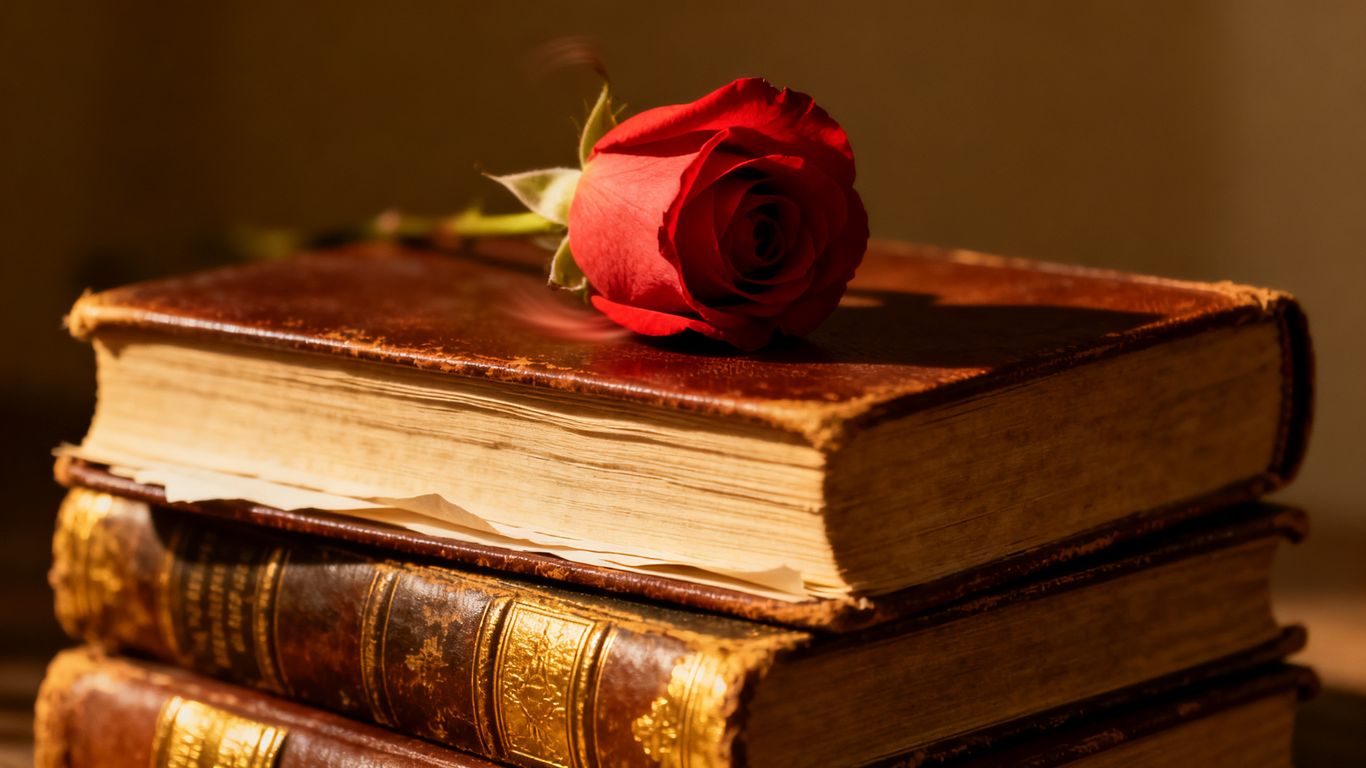 Stack of classic romantic novels with a red rose.