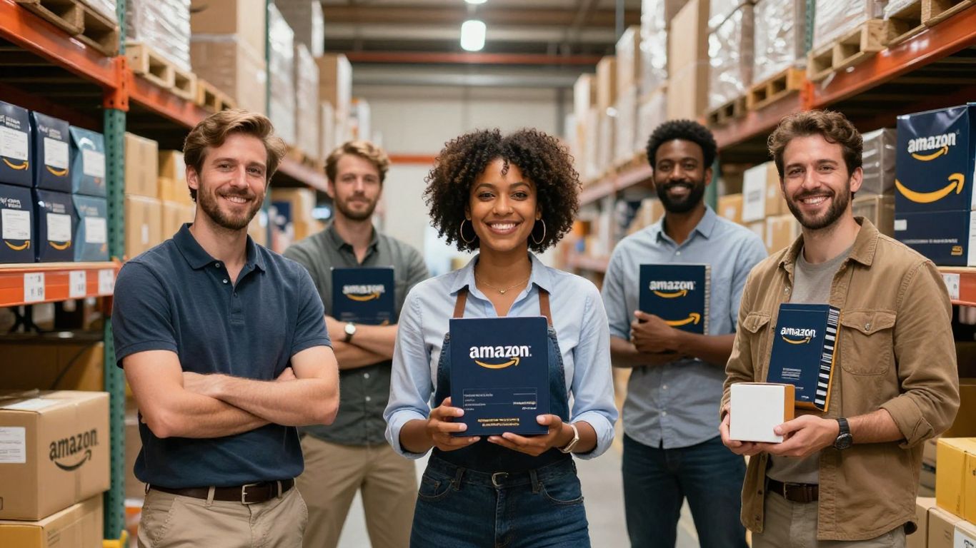 Business owners with branded products in Amazon warehouse