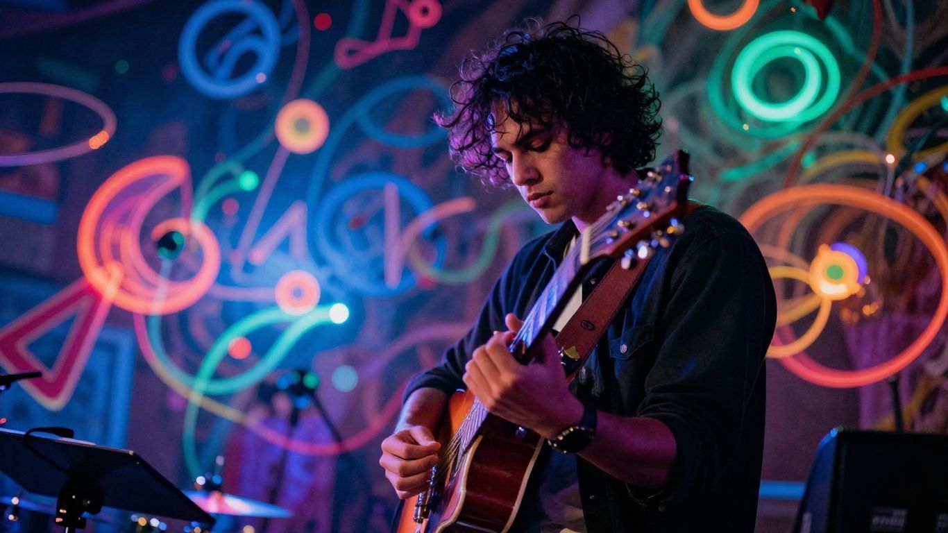 Musician in a vibrant, abstract AI-generated visual landscape.