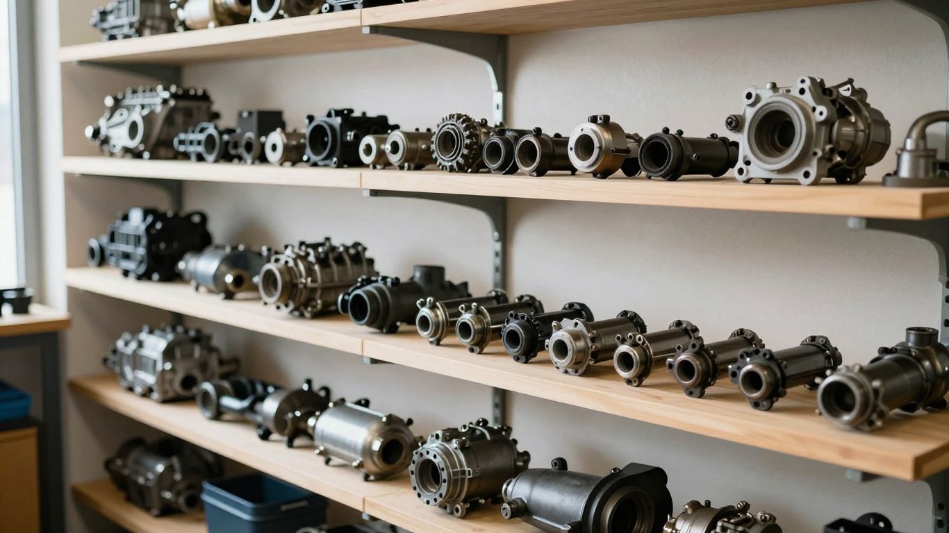 Volkswagen spare parts and driveline components in a workshop.