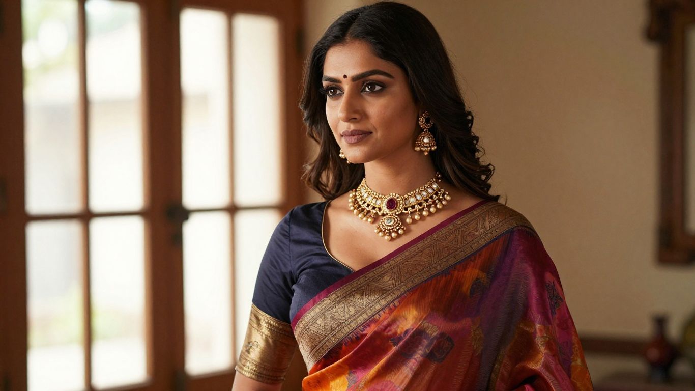 Kundan necklace and earrings with silk saree