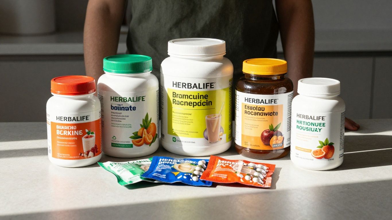 Herbalife products on a counter, with a person considering them.