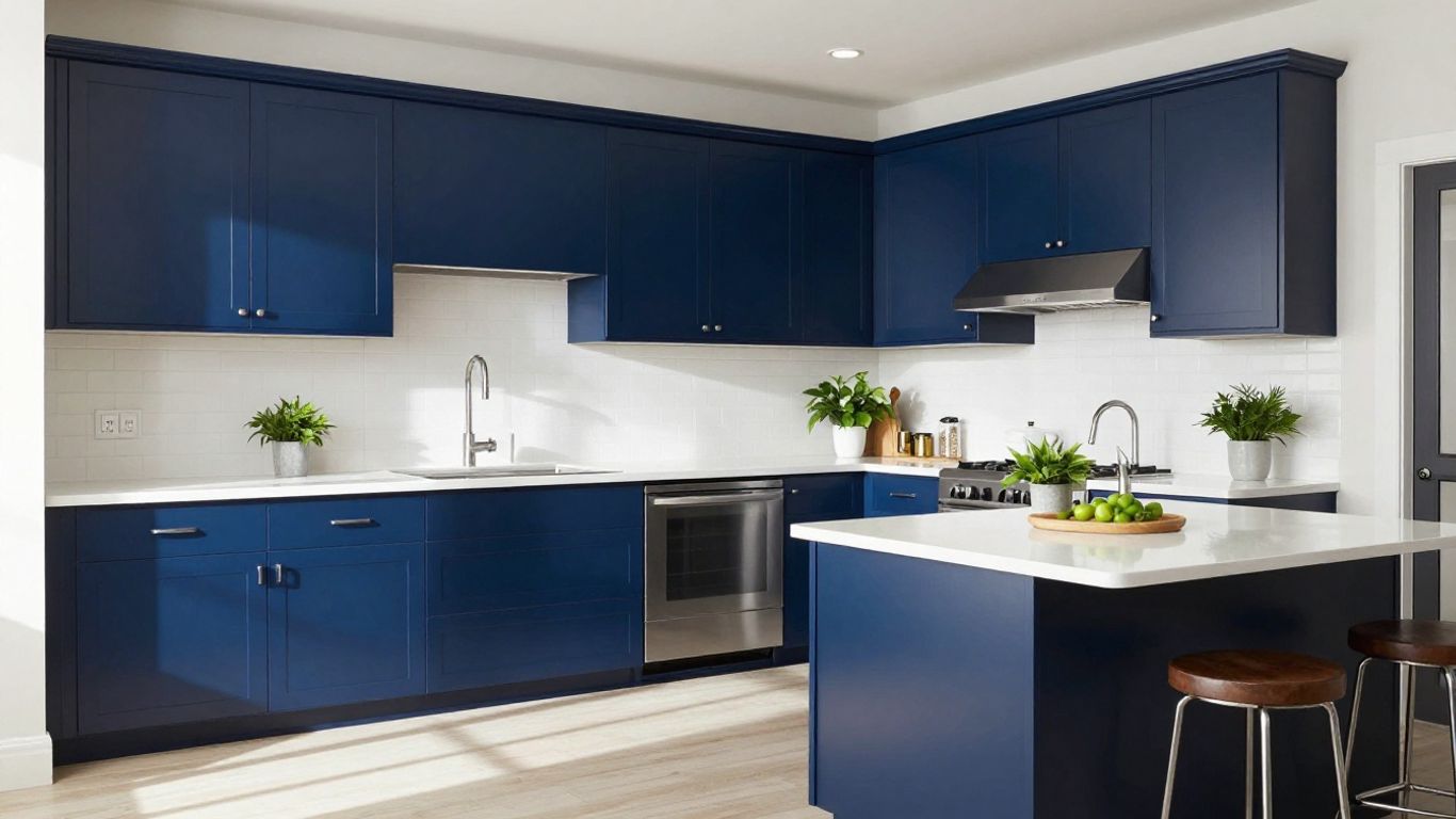 Modern navy blue kitchen cabinets with white countertops.