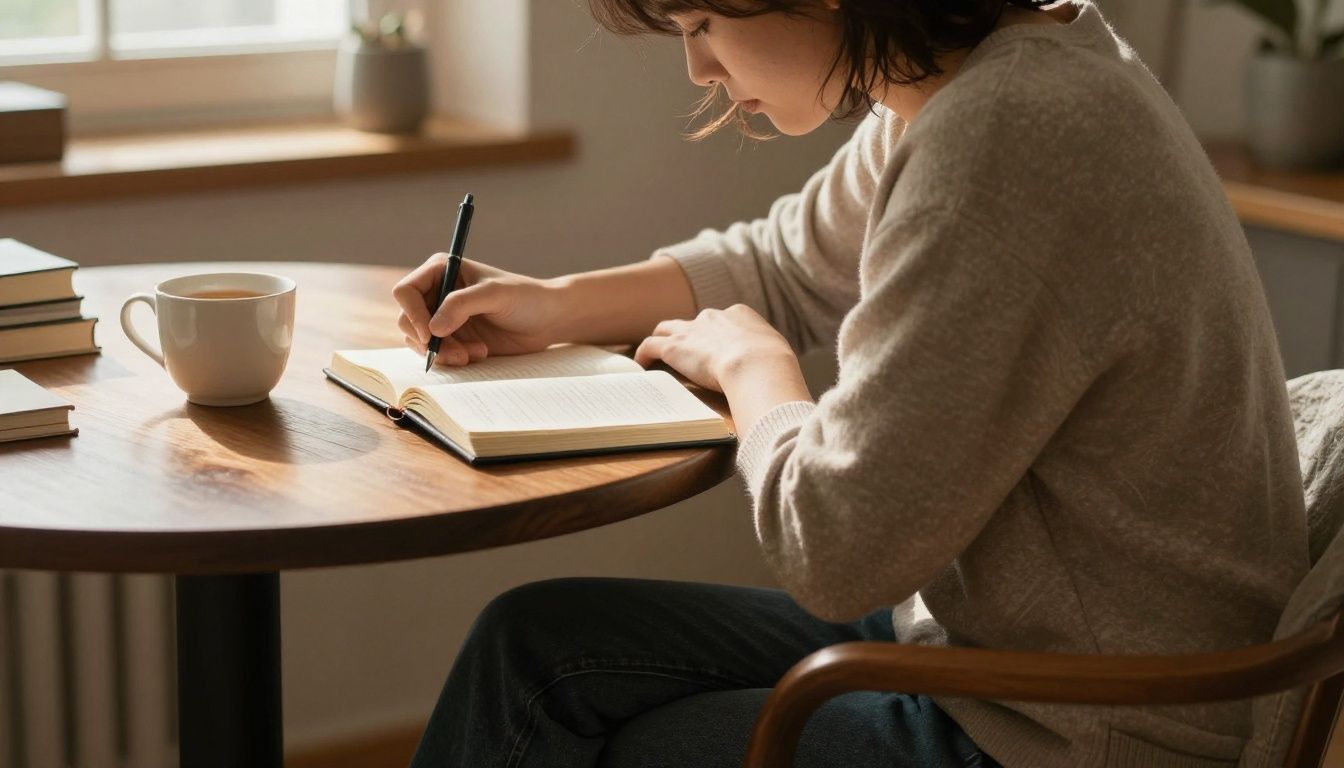 A person sits in a cozy, sunlit room, writing in a journal on a wooden table next to an open Bible and a warm cup of tea, looking peaceful and reflective.