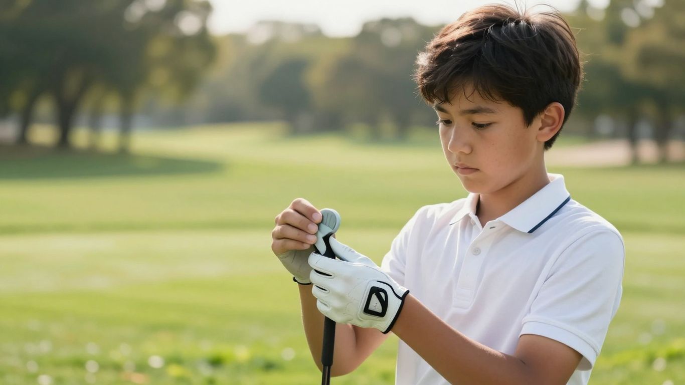 Young golfer holding a golf glove on a sunny course.