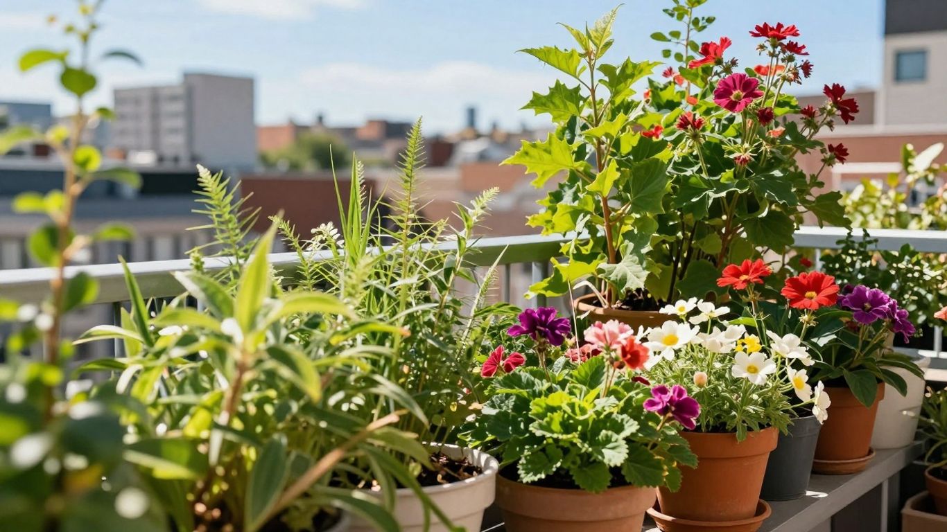 Grüne Pflanzen und Blumen in einem städtischen Garten.