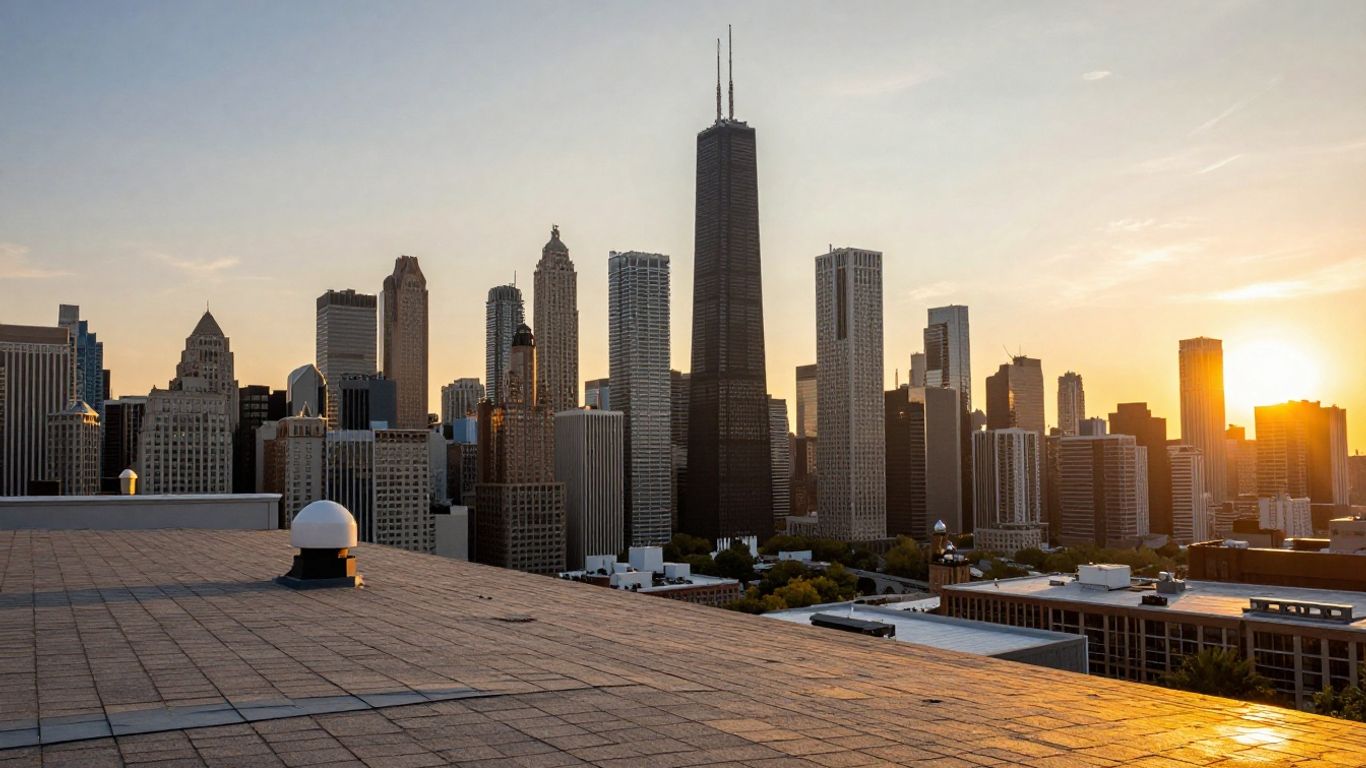 Chicago skyline with a detailed rooftop in the foreground.