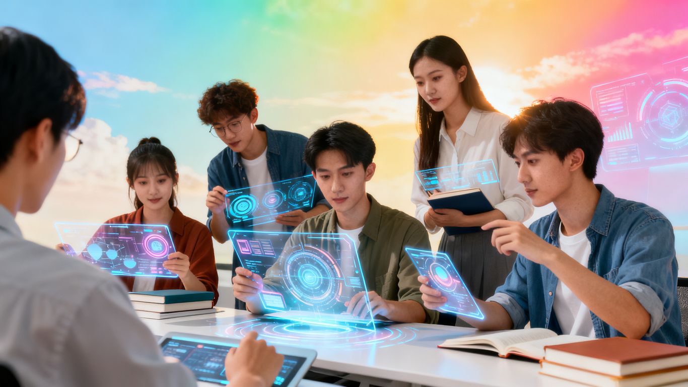 Futuristic digital learning interfaces and engaged learners.
