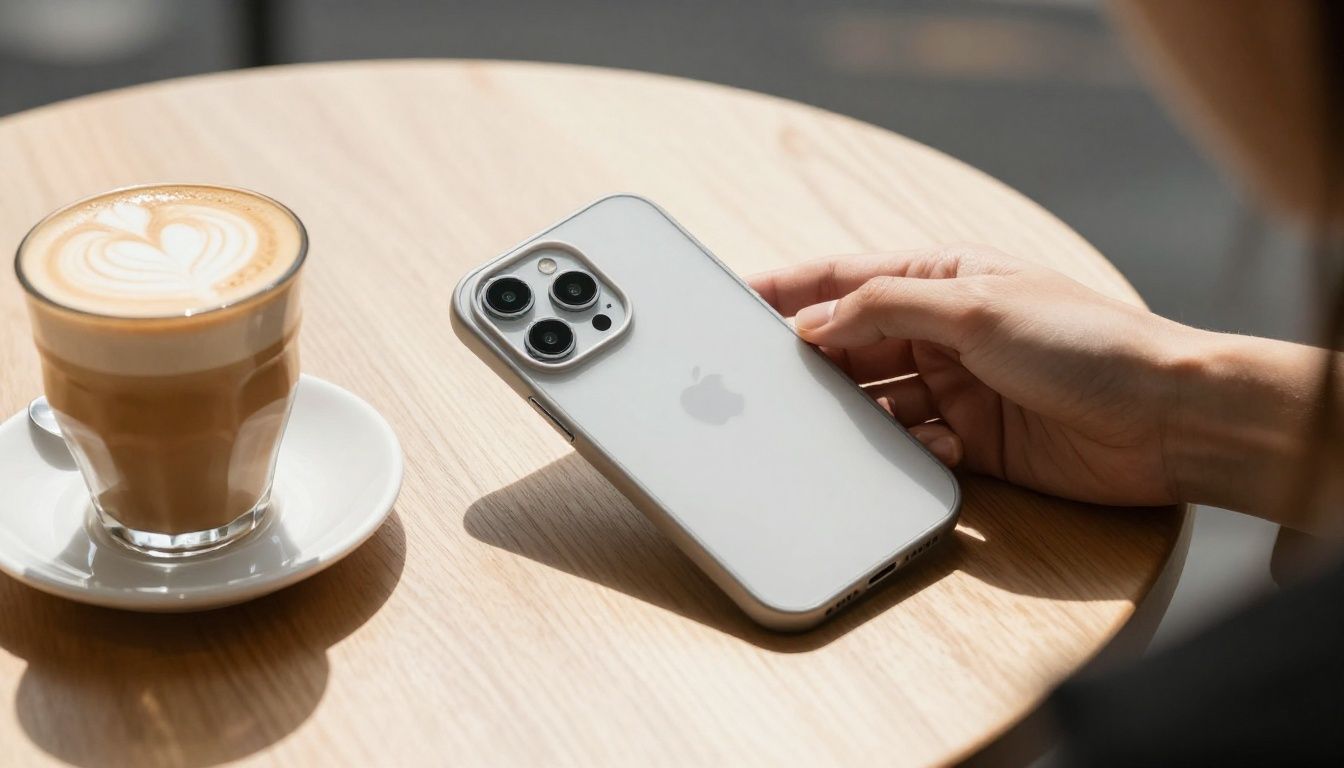 A person in a sunlit Australian cafe carefully putting a new, minimalist case on their iPhone 17 Air, with a flat white coffee on the table.