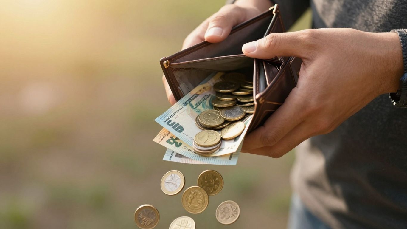 Mãos segurando dinheiro e moedas caindo.